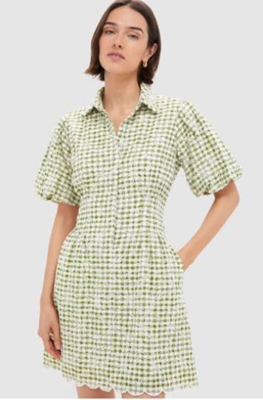 NWT Tuckernuck Embroidered Floral Green Gingham Mini Delaney Dress M